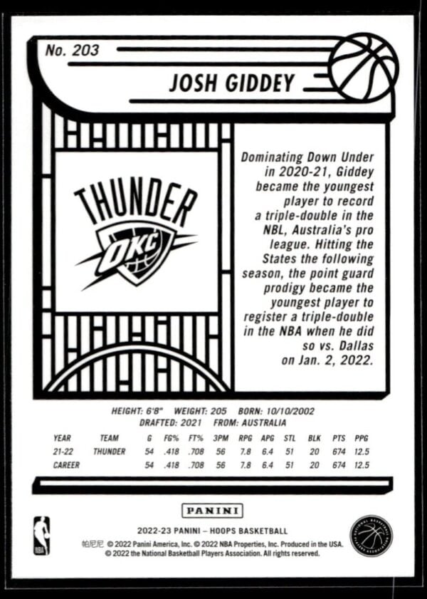 2022 NBA Hoops Oklahoma City Thunder #203 Josh Giddey