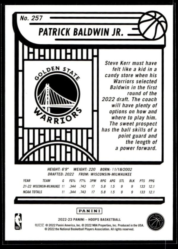 _10 2022 NBA Hoops Golden State Warriors #257 Patrick Baldwin Jr. RC Rookie