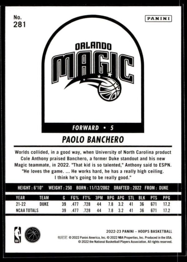 2022 NBA Hoops Orlando Magic #281 Paolo Banchero RC Rookie Tribute