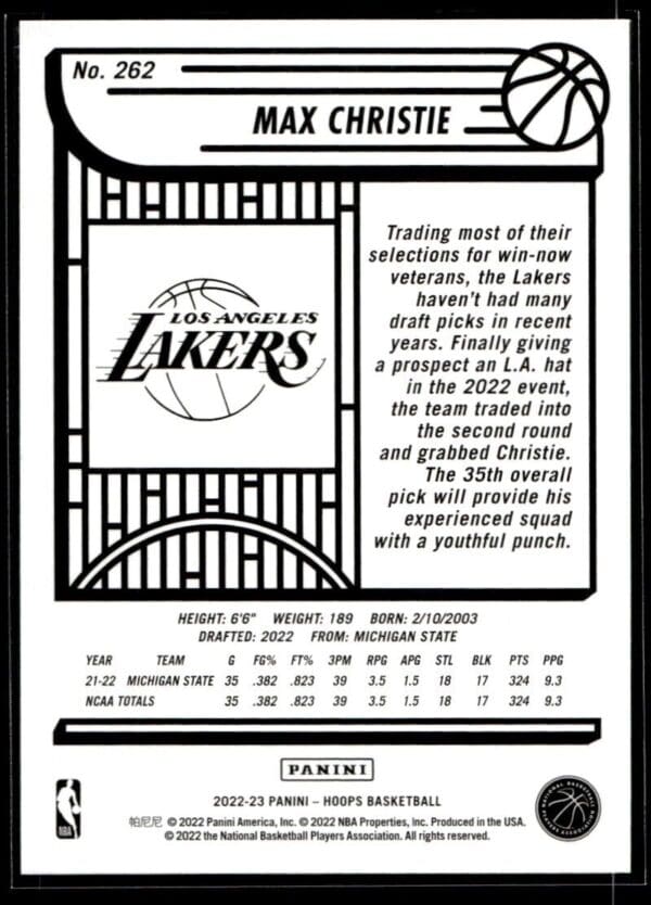 2022 NBA Hoops Los Angeles Lakers #262 Max Christie RC Rookie