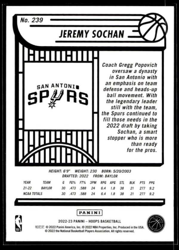 2022 NBA Hoops San Antonio Spurs #239 Jeremy Sochan RC Rookie