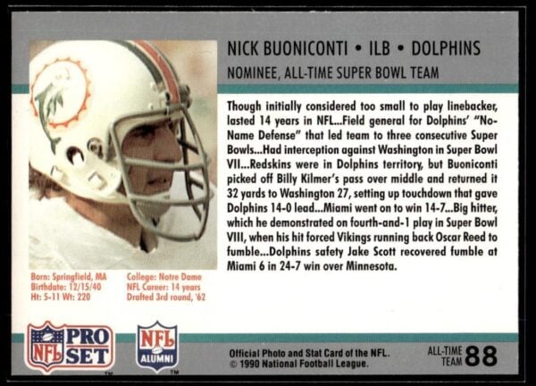 1990 Pro Set Super Bowl 160 Miami Dolphins #88 Nick Buoniconti