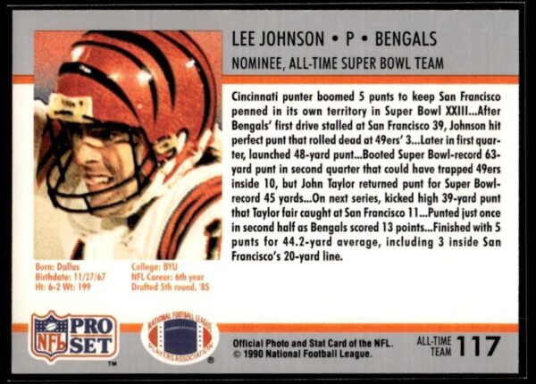 1990 Pro Set Super Bowl 160 Cincinnati Bengals #117 Lee Johnson