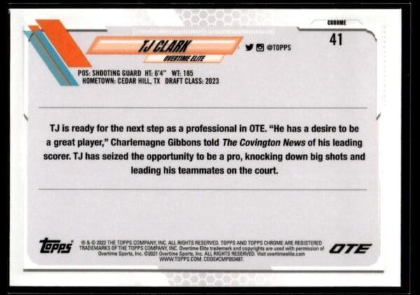 2021 Topps Overtime Elite Chrome  #41 Tj Clark