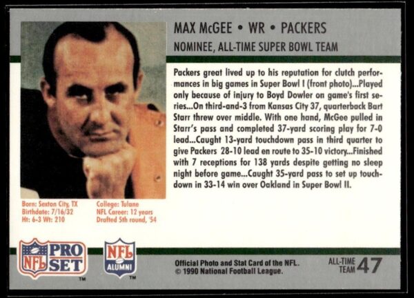 1990 Pro Set Super Bowl 160 Green Bay Packers #47 Max McGee
