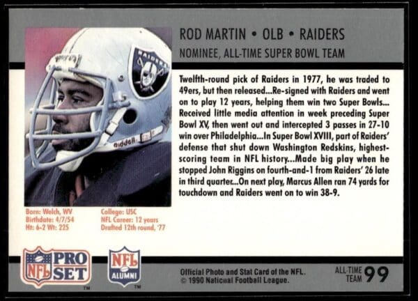 1990 Pro Set Super Bowl 160 Oakland Raiders/Los Angeles Raiders #99 Rod Martin