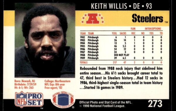 1990 Pro Set Super Bowl 160 Pittsburgh Steelers #273 Keith Willis