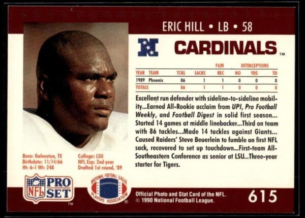 1990 Pro Set Super Bowl 160 Phoenix Cardinals #615 Eric Hill