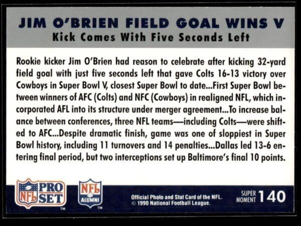 1990 Pro Set Super Bowl 160 Jim Obrien Field Goal Wins V #140 Super Bowl