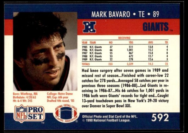 1990 Pro Set Super Bowl 160 New York Giants #592 Mark Bavaro