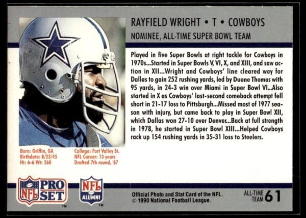 1990 Pro Set Super Bowl 160 Dallas Cowboys #61 Rayfield Wright