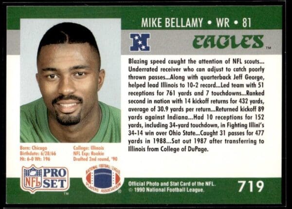 1990 Pro Set Super Bowl 160 Philadelphia Eagles #719 Mike Bellamy