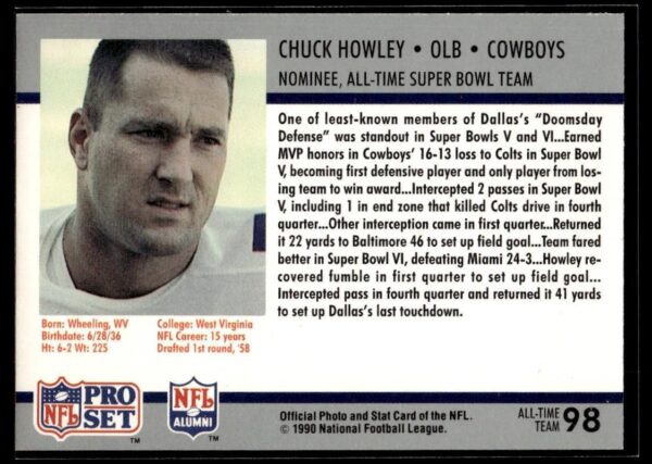 1990 Pro Set Super Bowl 160 Dallas Cowboys #98 Chuck Howley