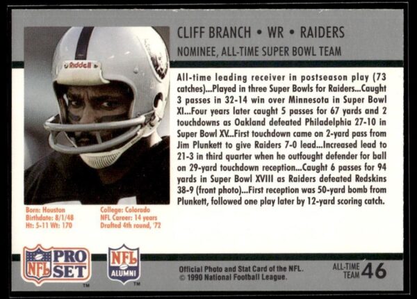 1990 Pro Set Super Bowl 160 Oakland Raiders #46 Cliff Branch