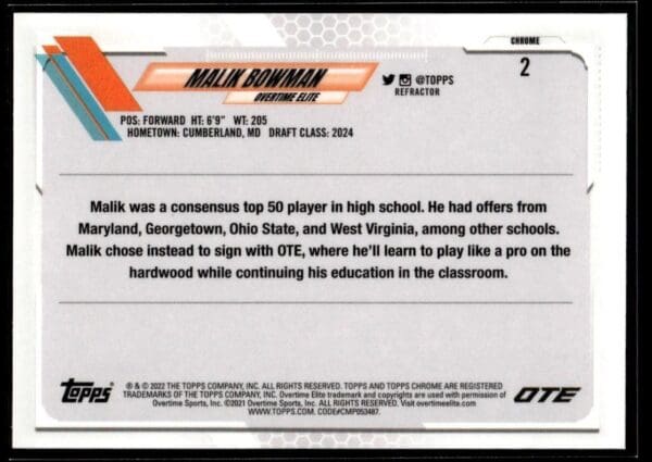 2021 Topps Overtime Elite Chrome  #2 Malik Bowman Refractor
