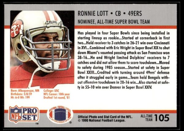 1990 Pro Set Super Bowl 160 San Francisco 49ers #105 Ronnie Lott