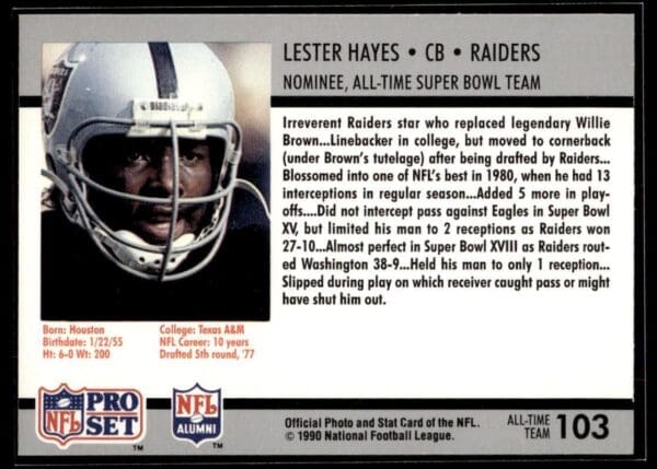_10 1990 Pro Set Super Bowl 160 Oakland Raiders/Los Angeles Raiders #103 Lester Haye