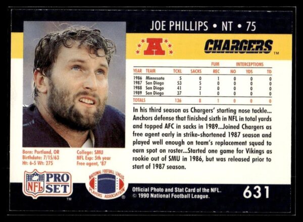 _10 1990 Pro Set Super Bowl 160 San Diego Chargers #631 Joe Phillips