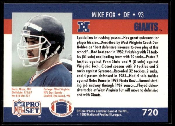 _10 1990 Pro Set Super Bowl 160 New York Giants #720 Mike Fox