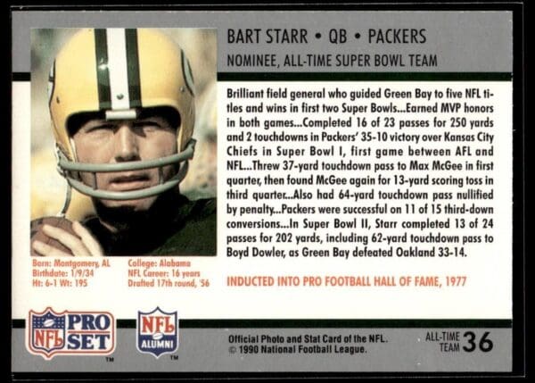 _10 1990 Pro Set Super Bowl 160 Green Bay Packers #36 Bart Starr
