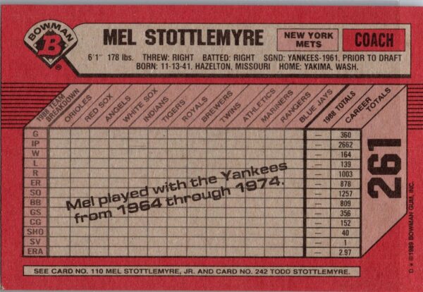 1989 Bowman New York Mets #261 Mel Stottlemyre Jr. RC Rookie