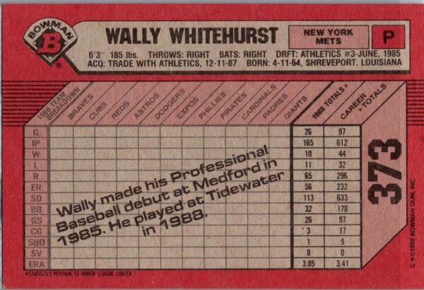 1989 Bowman New York Mets #373 Wally Whitehurst RC Rookie