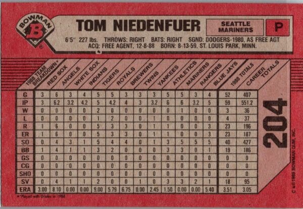 1989 Bowman Seattle Mariners #204 Tom Niedenfuer