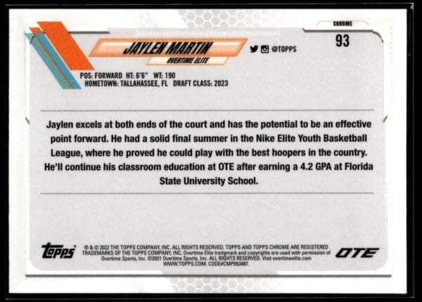 2021 Topps Overtime Elite Chrome  #93 Jaylen Martin