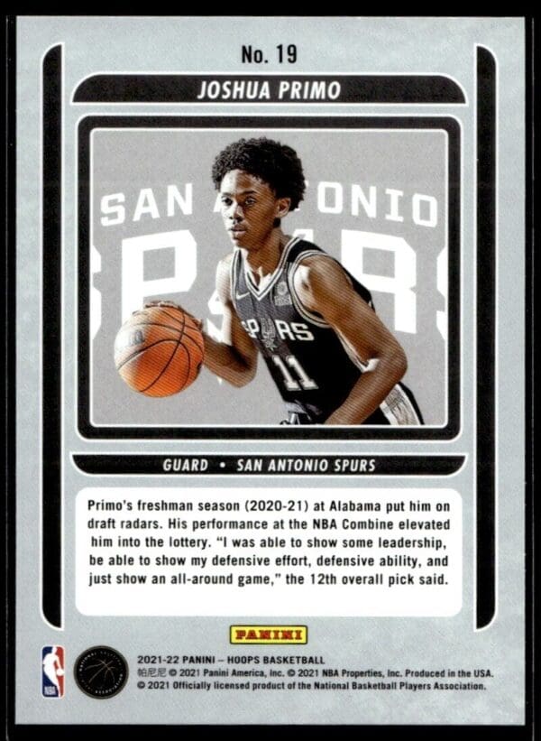 2021 Hoops Class of 2021 San Antonio Spurs #19 Joshua Primo RC Rookie
