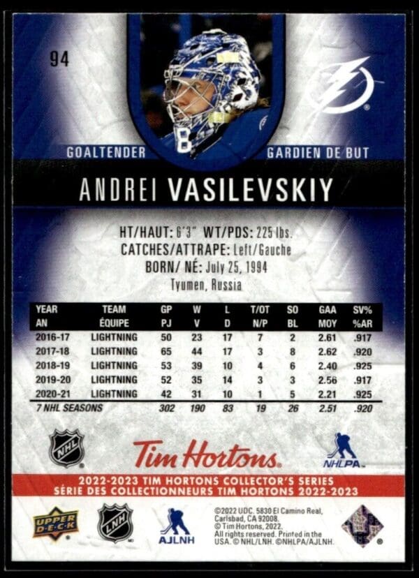 2021 Upper Deck Tim Hortons Tampa Bay Lightning #94 Andrei Vasilevskiy
