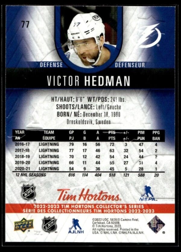 2021 Upper Deck Tim Hortons Tampa Bay Lightning #77 Victor Hedman
