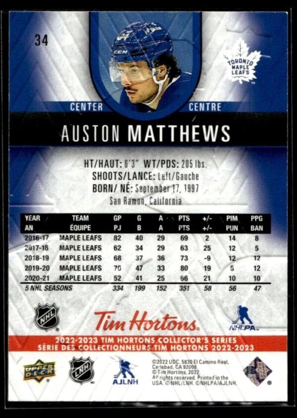 _10 2021 Upper Deck Tim Hortons Toronto Maple Leafs #34 Auston Matthews