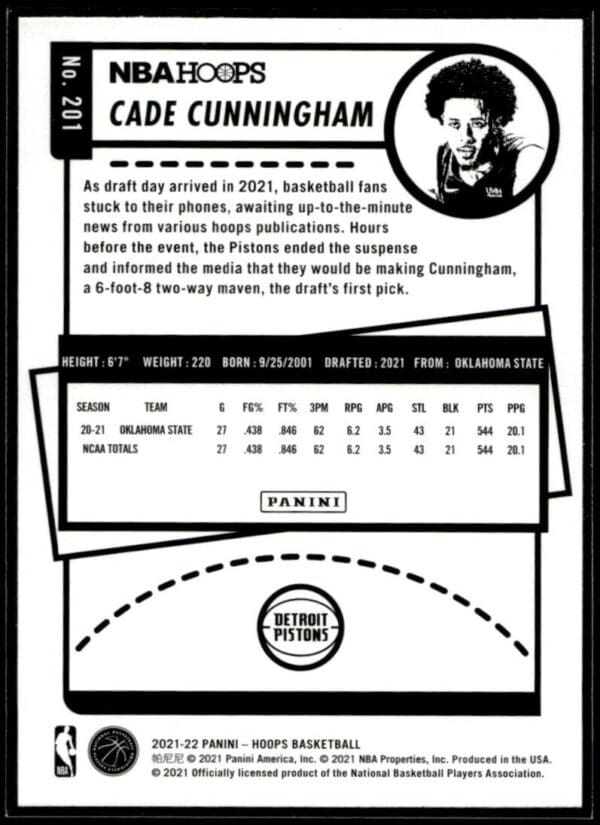 _10 2021 NBA Hoops Detroit Pistons #201 Cade Cunningham RC Rookie Winter Edition