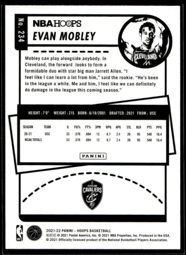 2021 NBA Hoops Cleveland Cavaliers #234 Evan Mobley RC Rookie