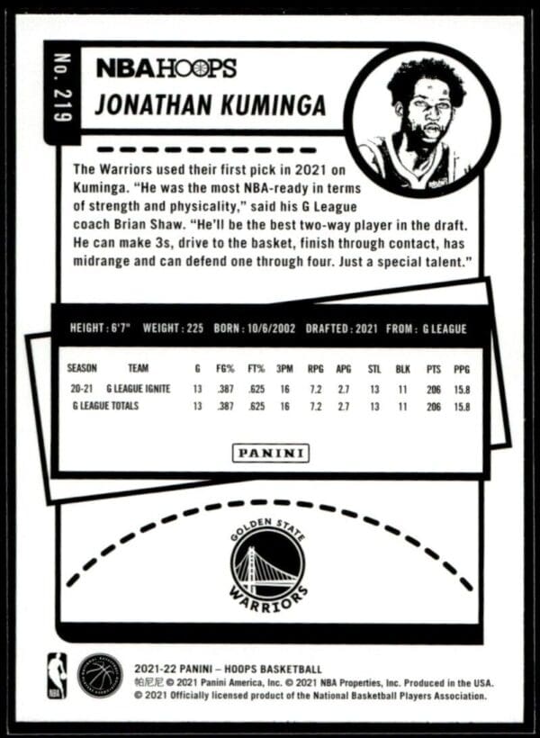 2021  NBA Hoops Golden State Warriors #219 Jonathan Kuminga RC Winter Edition
