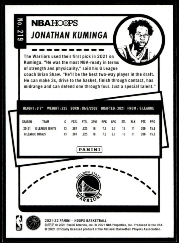 2021 NBA Hoops Golden State Warriors #219 Jonathan Kuminga RC Rookie