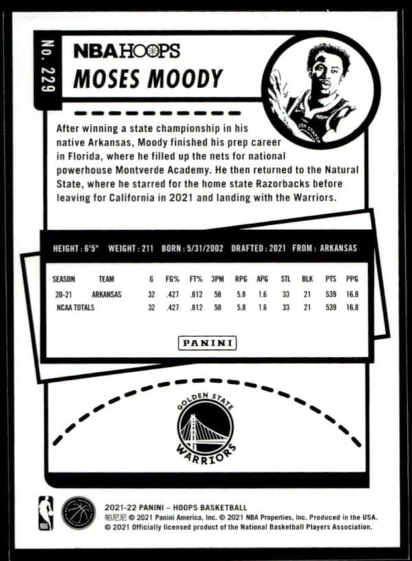 2021 NBA Hoops Golden State Warriors #229 Moses Moody RC Rookie