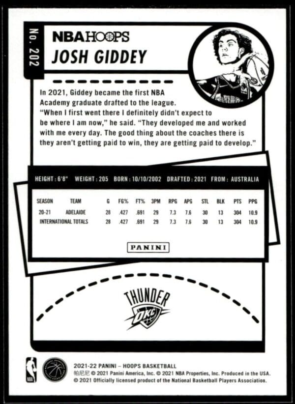 2021 NBA Hoops Oklahoma City Thunder #202 Josh Giddey RC Rookie Winter Edition