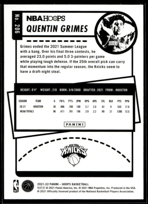 2021 NBA Hoops New York Knicks #206 Quentin Grimes RC Rookie Winter Edition