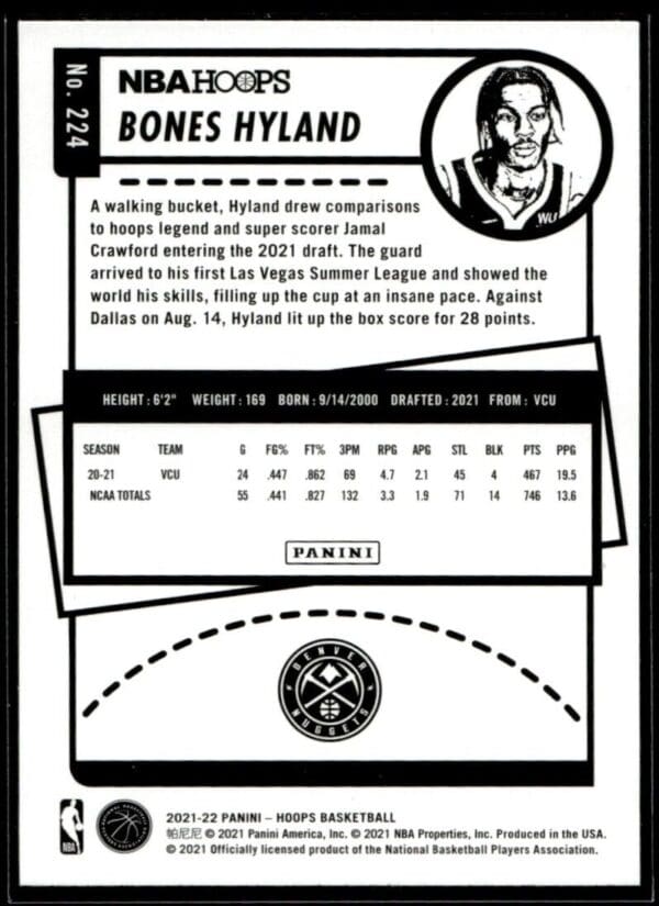 2021 NBA Hoops Denver Nuggets #224 Bones Hyland RC Rookie Winter Edition