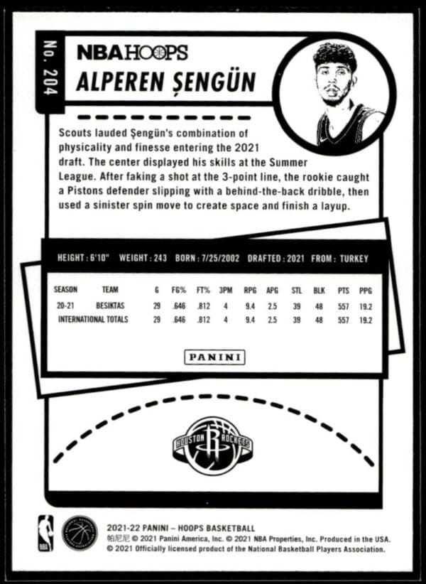 _10 2021 NBA Hoops Houston Rockets #204 Alperen Sengun RC Rookie Winter Edition