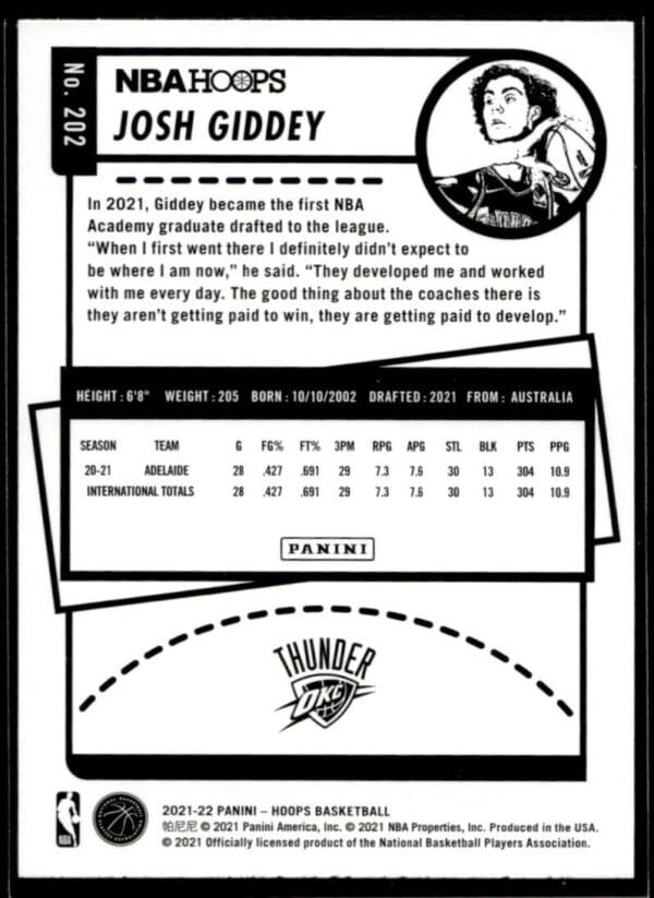 2021 NBA Hoops Oklahoma City Thunder #202 Josh Giddey RC Rookie