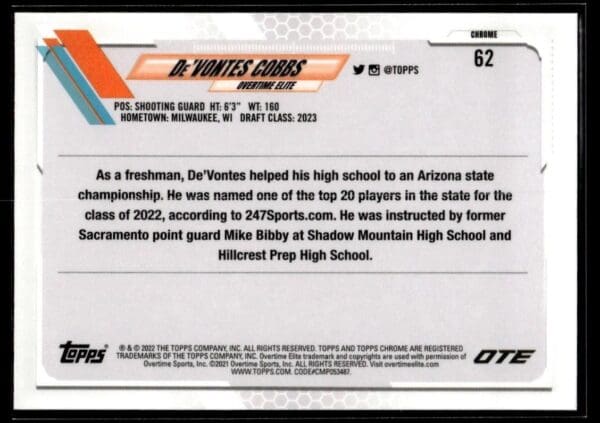 2021 Topps Overtime Elite Chrome  #62 De'Vontes Cobbs