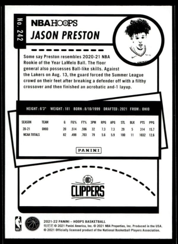 _10 2021 NBA Hoops Los Angeles Clippers #242 Jason Preston RC Rookie