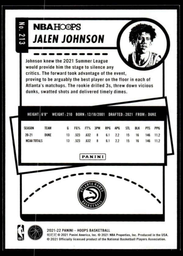 _10 2021 NBA Hoops Atlanta Hawks #213 Jalen Johnson RC Rookie