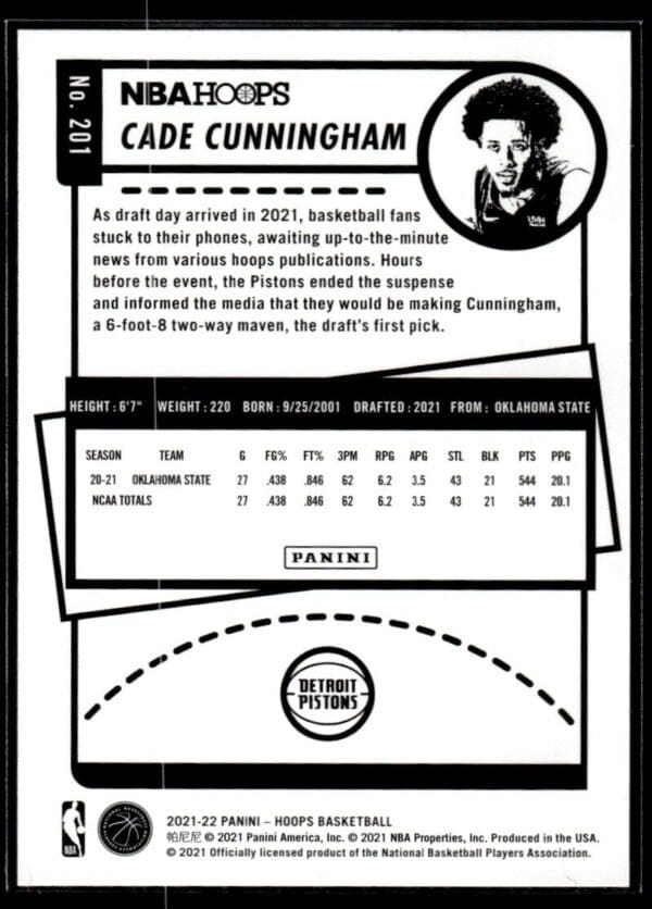 2021 NBA Hoops Detroit Pistons #201 Cade Cunningham RC Rookie