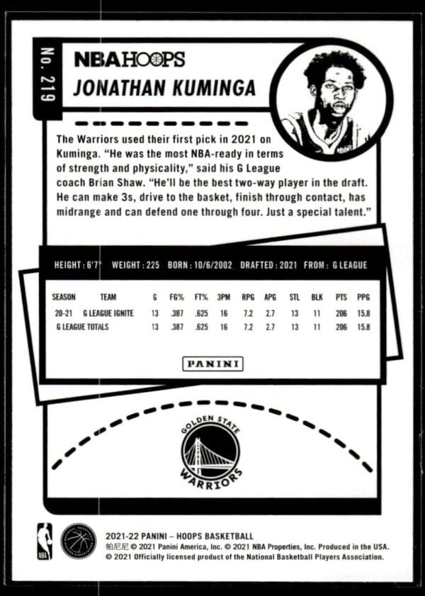 _10 2021 NBA Hoops Golden State Warriors #219 Jonathan Kuminga RC Rookie