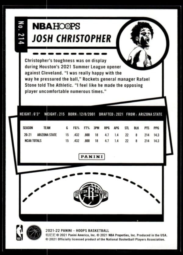 2021 NBA Hoops Houston Rockets #214 Josh Christopher RC Rookie