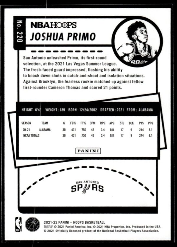 _10 2021 NBA Hoops San Antonio Spurs #220 Joshua Primo RC Rookie