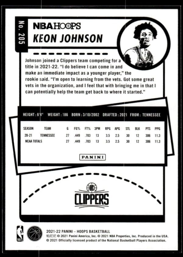 2021 NBA Hoops Los Angeles Clippers #205 Keon Johnson RC Rookie
